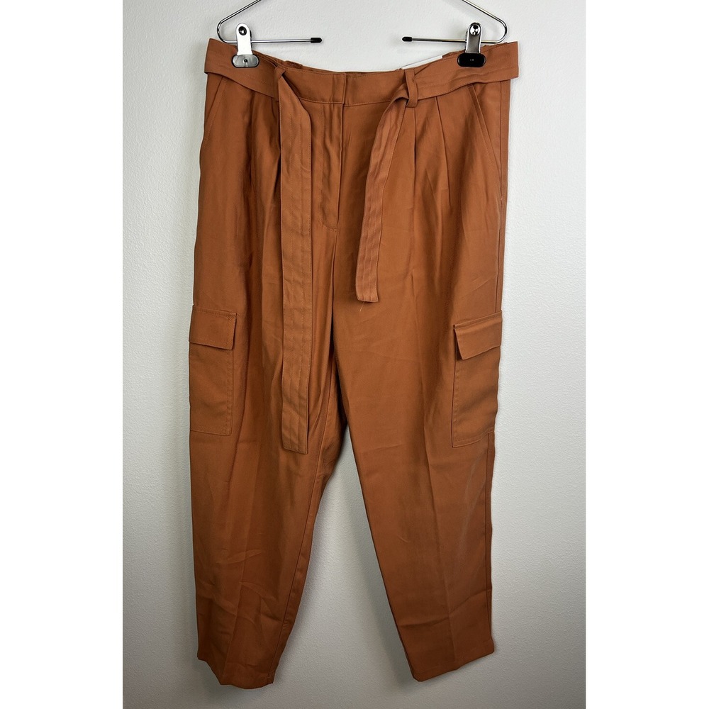 Nine West Pant Women's Sz L Utility Mocha Frosting‎ Pleated Tie Belt Relaxed Fit